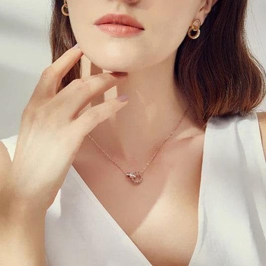El Regalo Crystal Roman Numeral Stainless Steel Necklace & Earrings Jewelry Set For Girls & Women- Anti tarnish, Waterproof Double Ring Infinity Love Jewelry