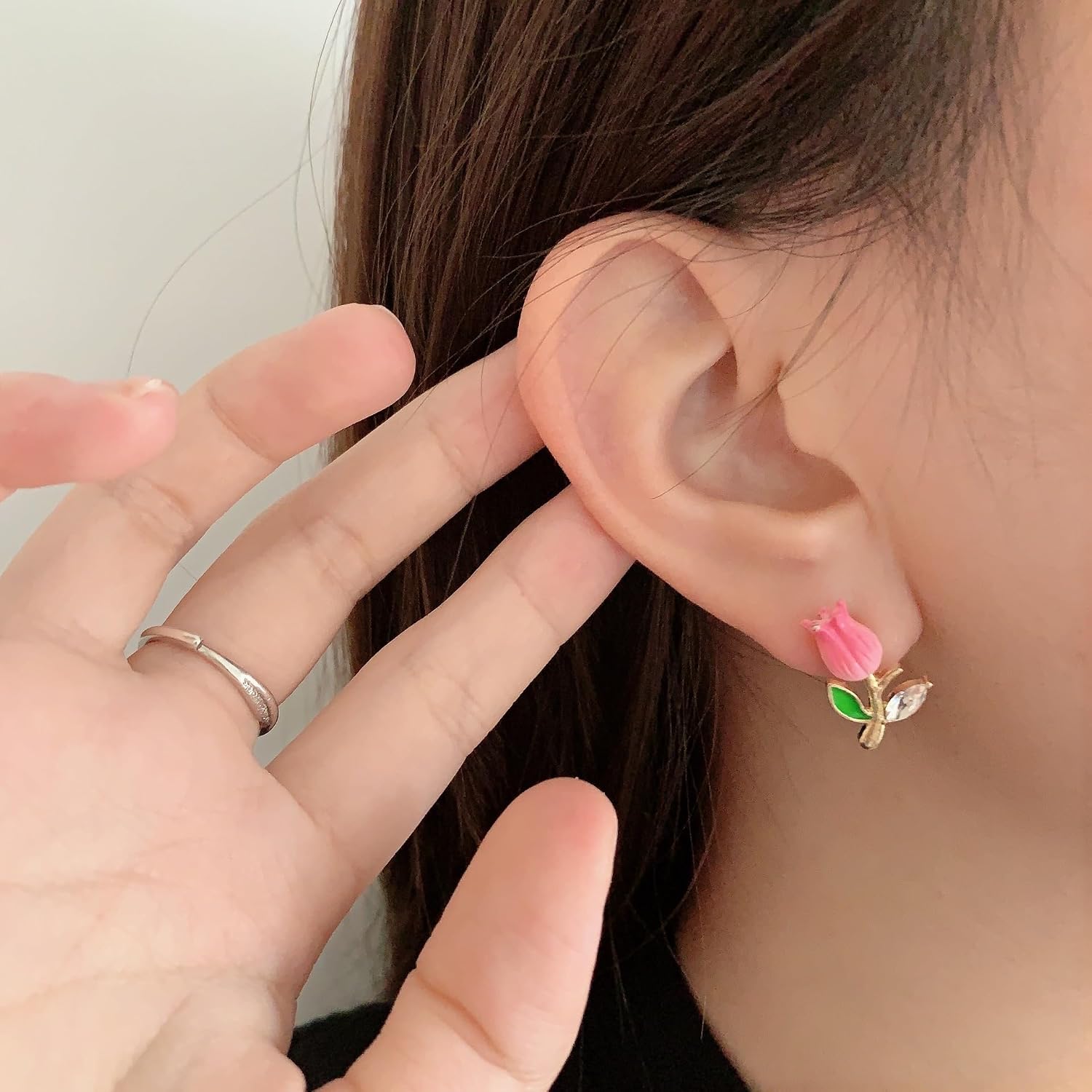 El Regalo Cute & Tiny Pink 3D Tulip Flower CZ Crystal Stud Earrings for Girls & Women