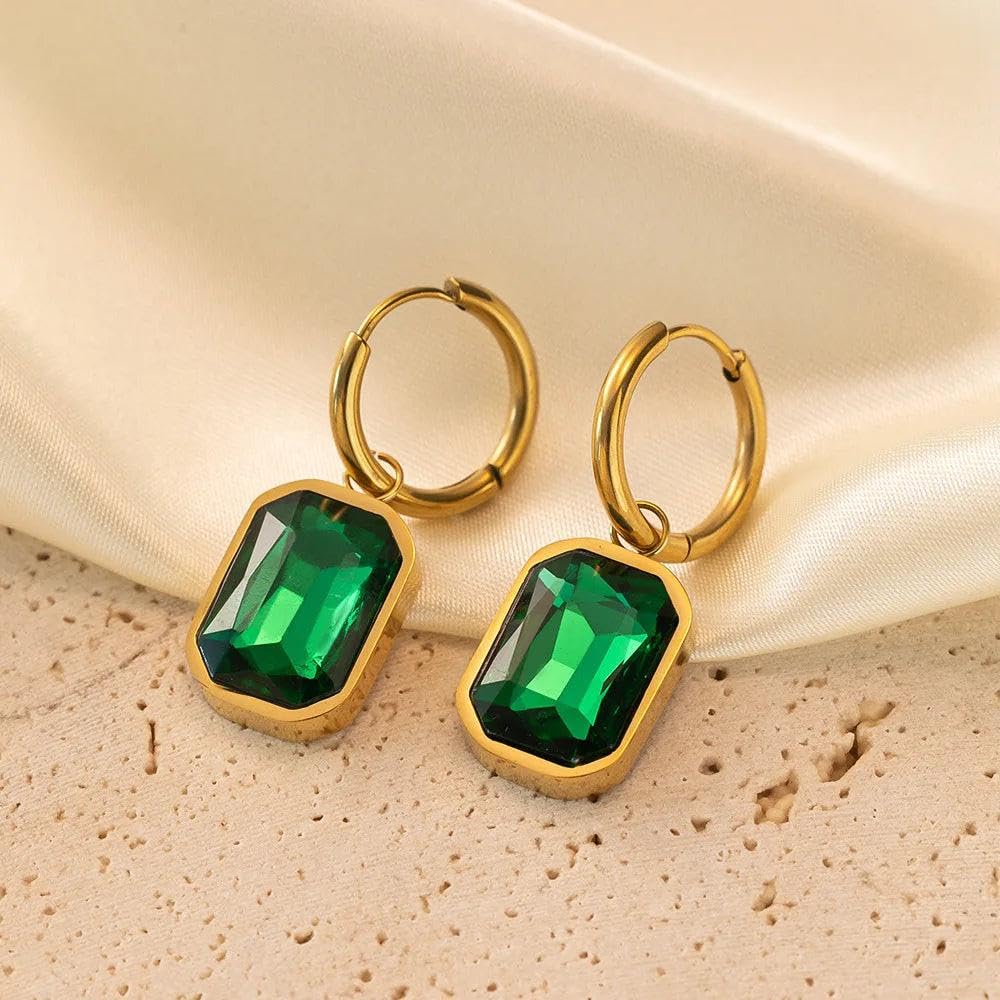 El Regalo Stainless Steel Rectangular Cut Rhinestone Hoop Earrings - Elegant 18K Gold Plated Waterproof Vintage-Inspired Cubic Zirconia Huggie Hoops for Women (Green)