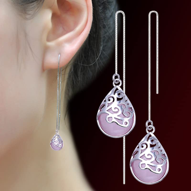 El Regalo Modern Opal Cat's Eye Drop Threader Earrings for Girls & Women - Perfect Valentines Day Gift for Her (Pink Threader)