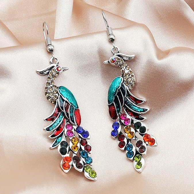 El Regalo Vintage Ethnic Peacock Earrings for Women- Elegant Oil Drop Rhinestone Dangle Earring Party Jewelry (Multi Colored)