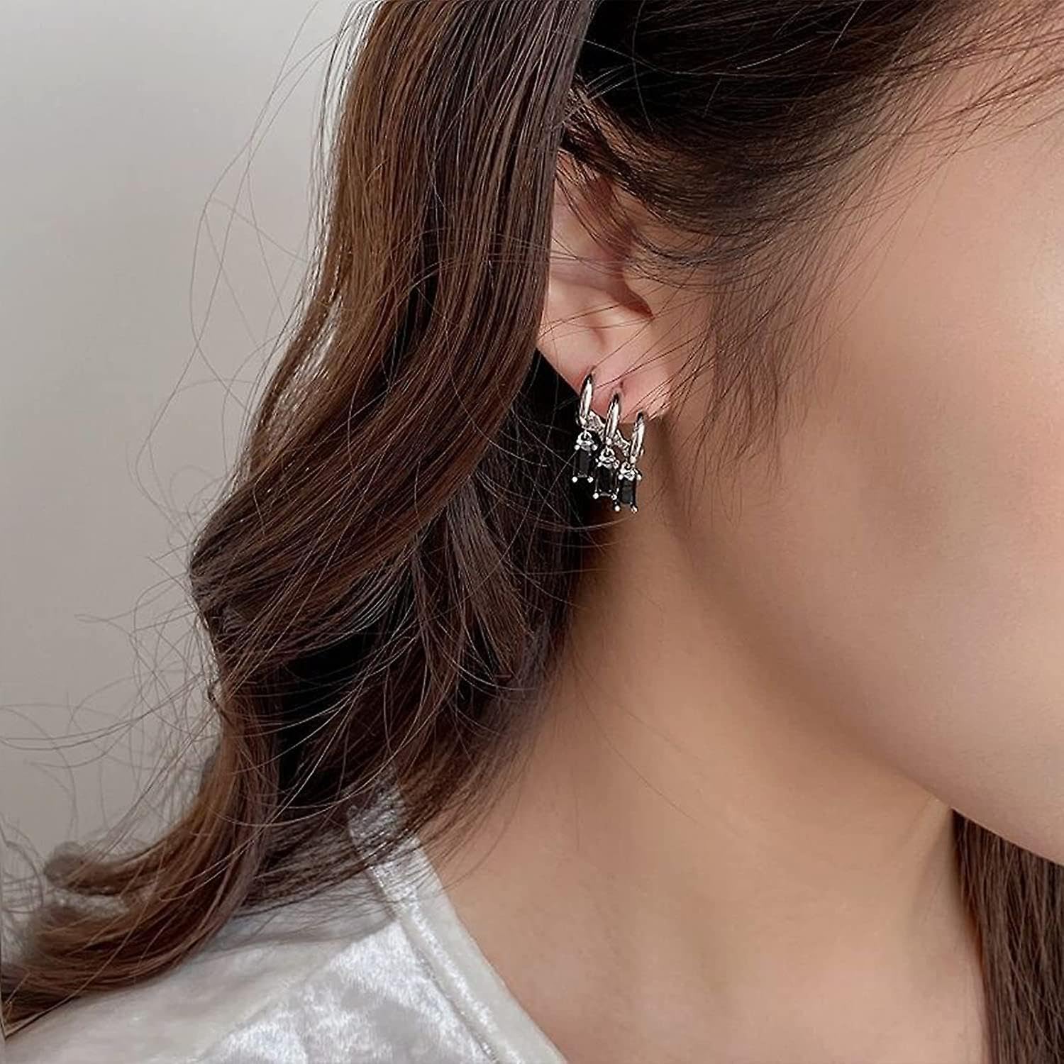 El Regalo Women's & Girl's Western Triple Ear Crawler Earrings- Triple Dangling Baguette Stone Earring- Exquisite Zircon Multilayer Earrings (Silver Black)