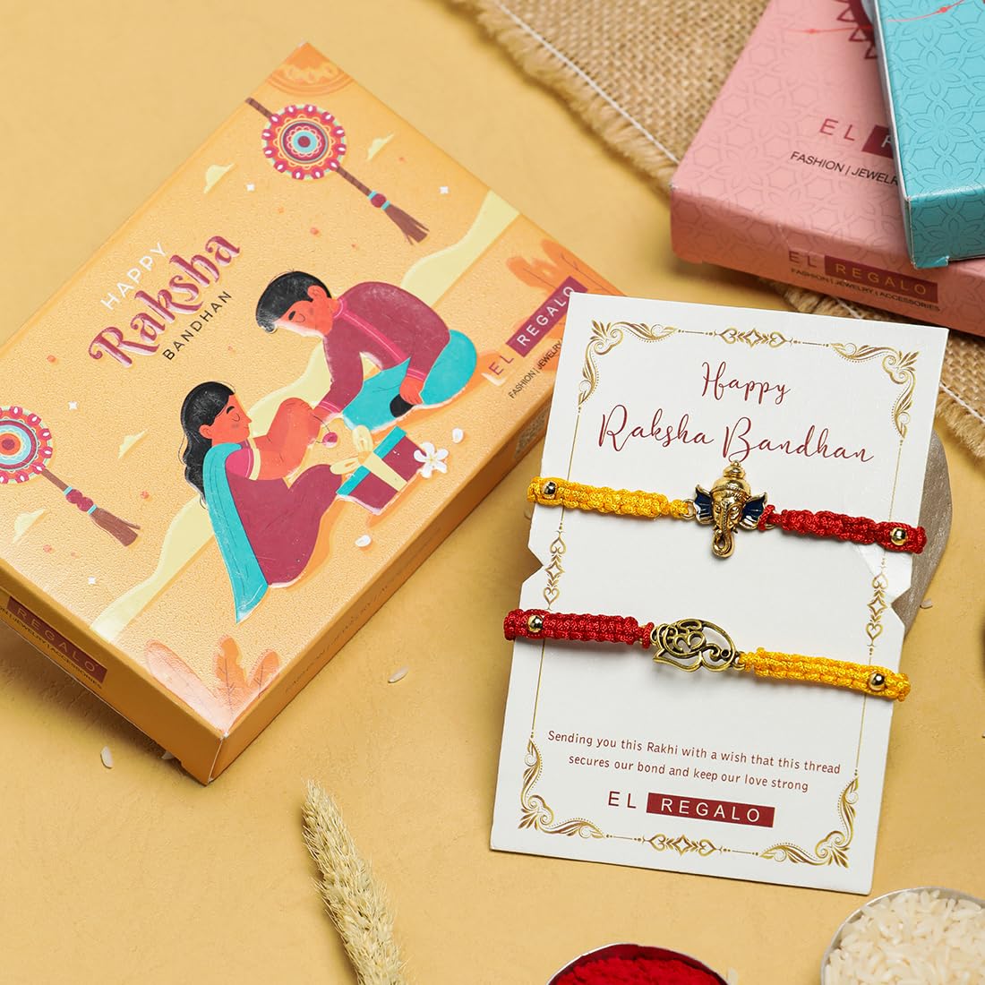 El Regalo 2PCs Red & Yellow Thread Bracelet Rakhi Combo Set for Brother- Auspicious OM, Ganesha, Shree, Trident, Damroo Mauli Rakhi with Roli Chawal Shagun, Message Card in Rakhi Gift Box (Option-3)