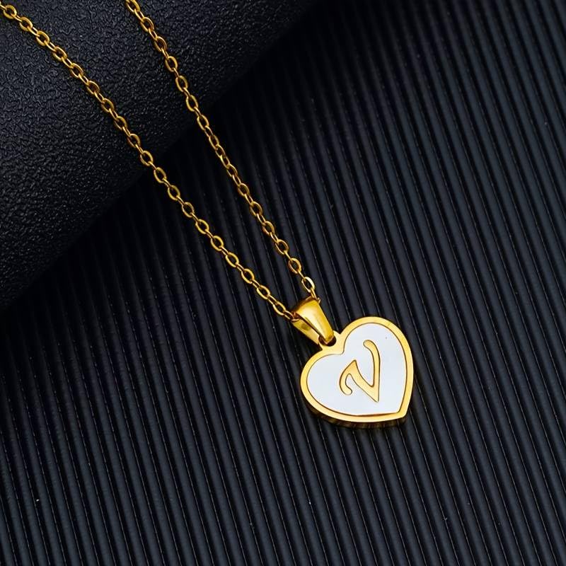 El Regalo Unisex Personalized Heart Name Initial Letters Pendant Necklaces - Stainless Steel Golden Heart Mother of Pearl Name Initials Letters Jewelry - Hypoallergenic Cursive Letters (A-Z) (V)