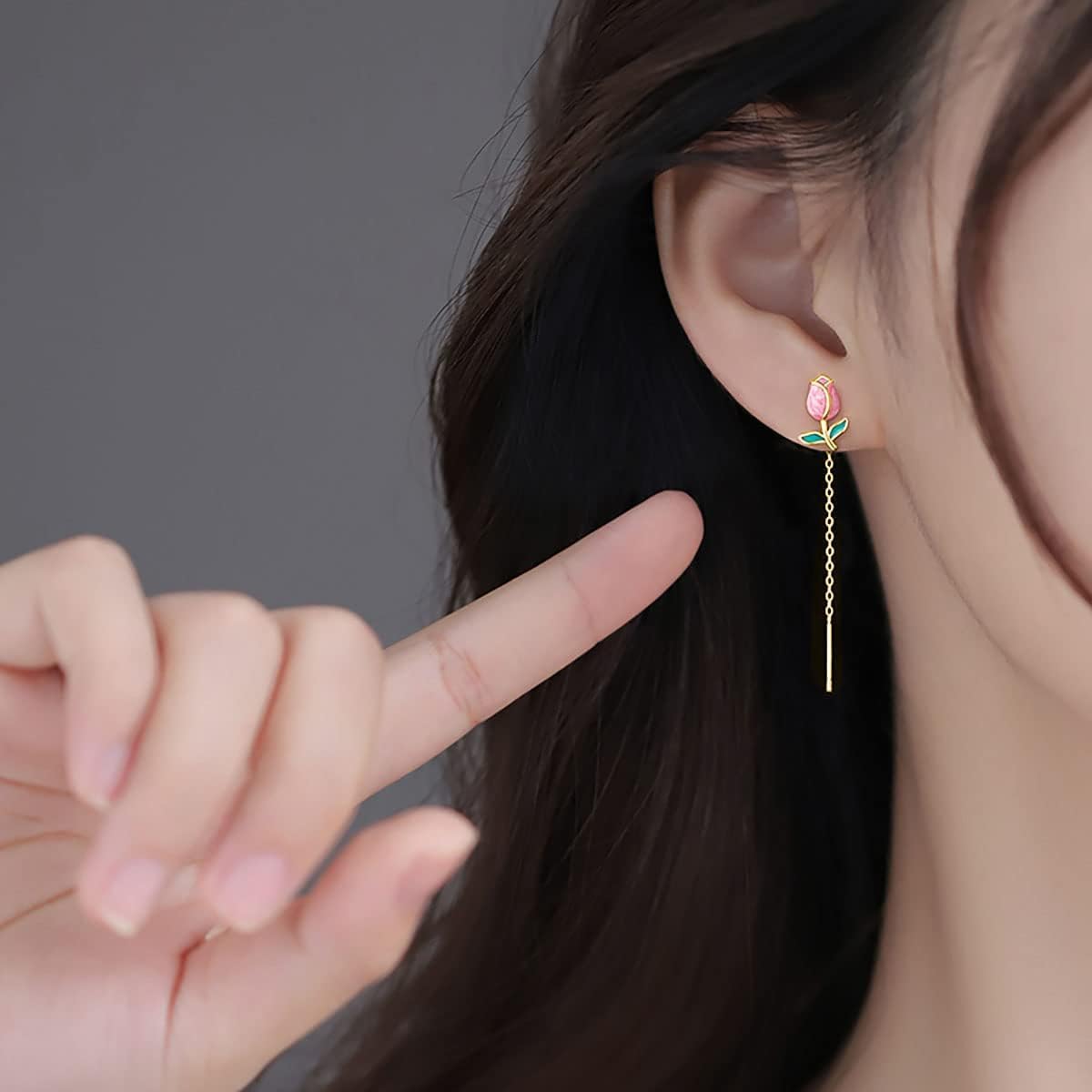El Regalo Tulip Flower Threader Tassel Earrings for Women Teen Girls- Pink Flower Bud Dangling Chain Studs Earrings- Needle Thread Earrings