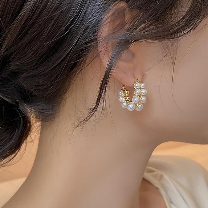 El Regalo Retro Elegant Double Row Imitation Pearl Oval Hoop Earrings for Women - Fashion Pearl Double Layer Ear Buckle Hoops