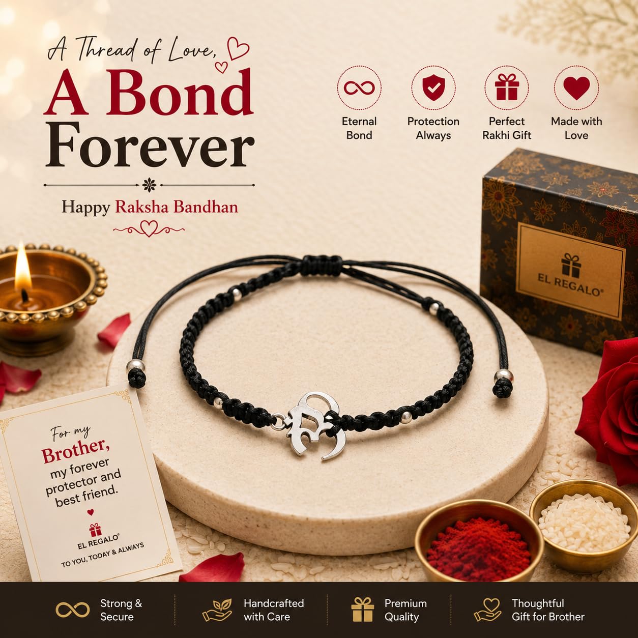 El Regalo Fancy & Traditional AUM/Shell Charm Rakhis for Brother | Elegant Auspicious Bracelet Rakhi for Bhai/Bhaiya with Roli Chawal in Gift Box (Black Aum/OM)