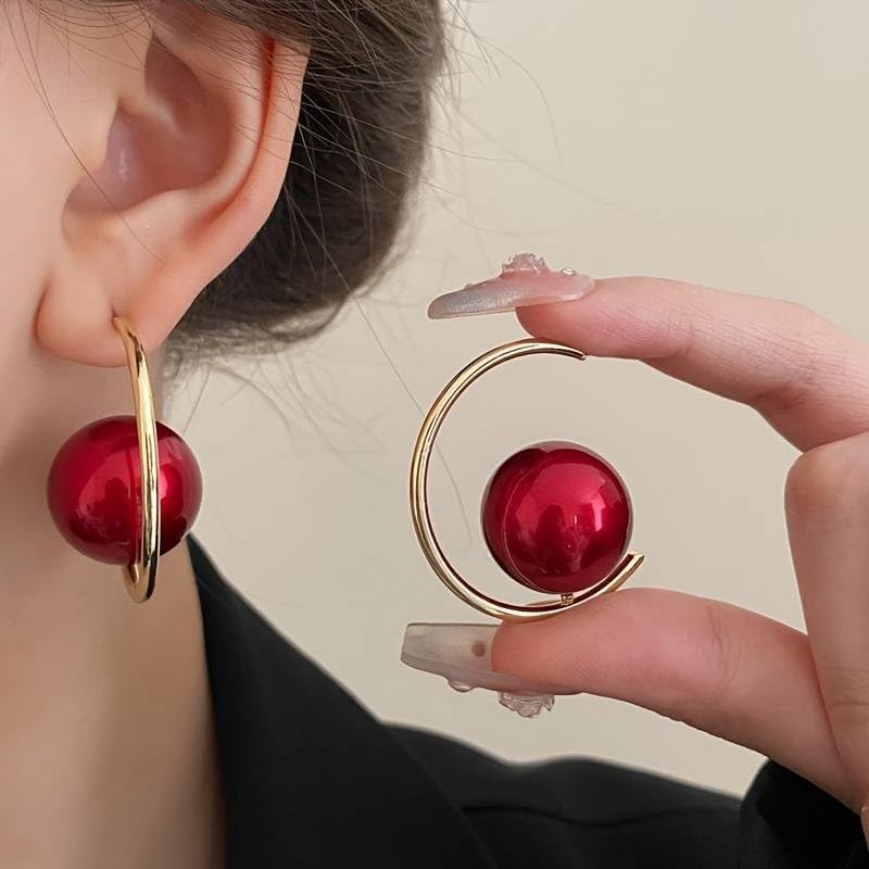 El Regalo Western Pearl Earrings- Delicate Glossy C Shaped Pearl Hoop Earring- Elegant Vintage Style Earrings for Girls & Women (Red Pearl)