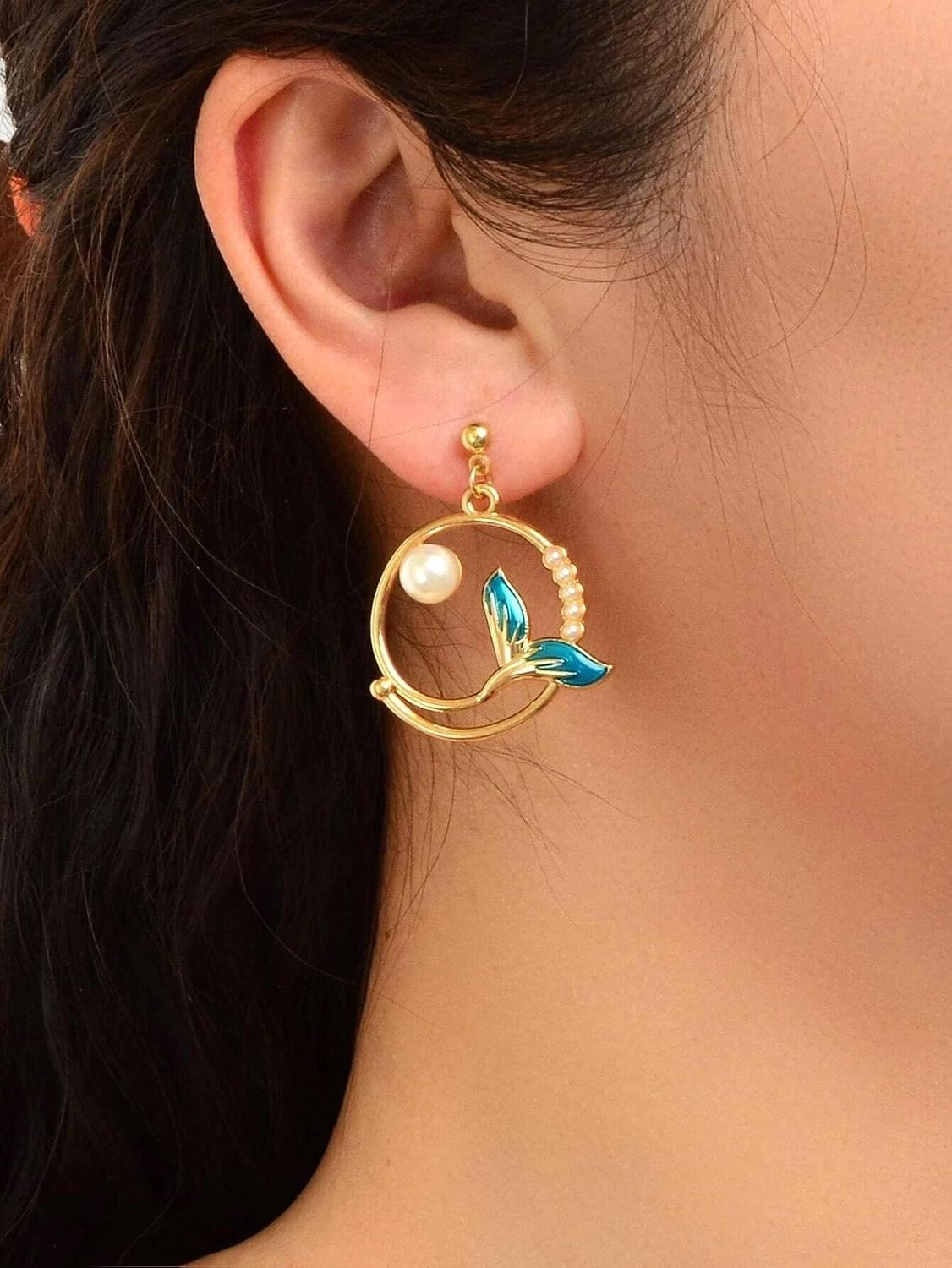 El Regalo Mermaid Tail Pearl Enamel Earring for Women & Girls- Mermaid Tail Pearl Earrings with Gold, Pearl & Teal Accents (Teal Blue)