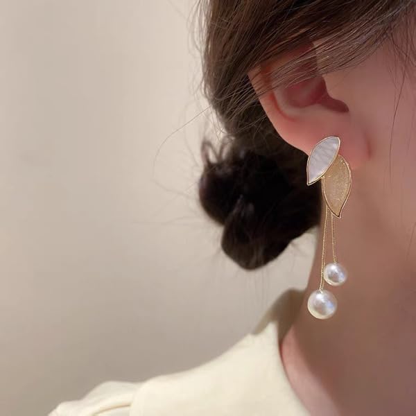 El Regalo Leaf Pearl Tassel Contemporary Drop Earrings For Girls & Women- Gold Tone Leaf Pearl Dangler Earrings (Golden)