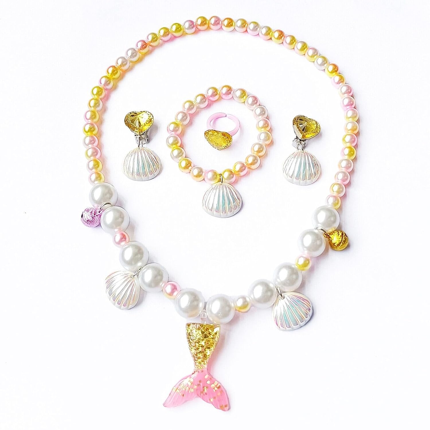 El Regalo 4-Piece Mermaid Princess Jewelry Gift Set for Girls Kids- Princess Mermaid Shell Necklace, Bracelet, Earrings, Ring Pearl Gifts for Girls/Toddlers/Kids Dress Up Jewelry