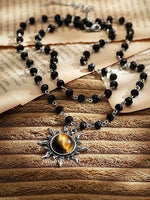 El Regalo Gothic Black Bead Sun Pendant Choker Necklace for Women & Girls - Vintage Goth Boho Jewelry | Statement Sun Charm Beaded Necklace for Party, Festival, Casual (Brown Tiger Eye)