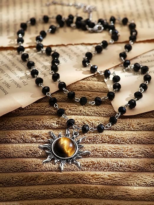 El Regalo Gothic Black Bead Sun Pendant Choker Necklace for Women & Girls - Vintage Goth Boho Jewelry | Statement Sun Charm Beaded Necklace for Party, Festival, Casual (Brown Tiger Eye)