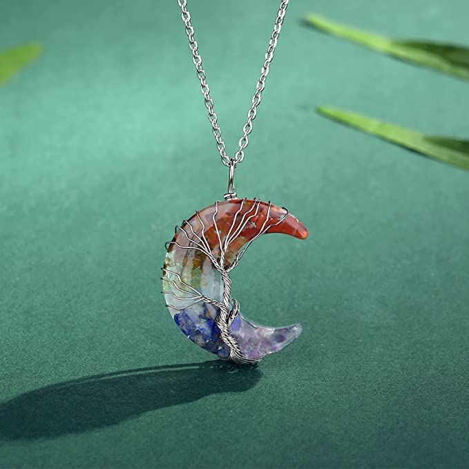 El Regalo Crescent Moon Wire Wrapped Tree of Life Stone Pendant Necklaces Natural Resin Quartz Gemstone Hippie Boho Jewelry for Girls Women (7 Chakra)