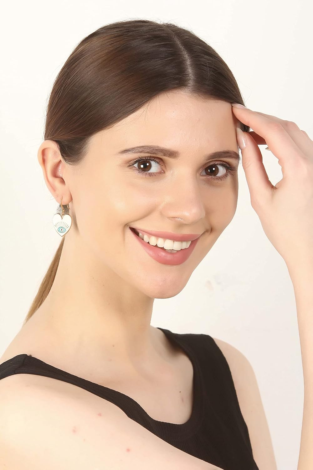 El Regalo 1 Pair Heart Evil Eye Enameled Hook Earrings - Dainty Evil Eye Hypoallergenic Heart Earrings for Girls & Women (White Heart Evil Eye)