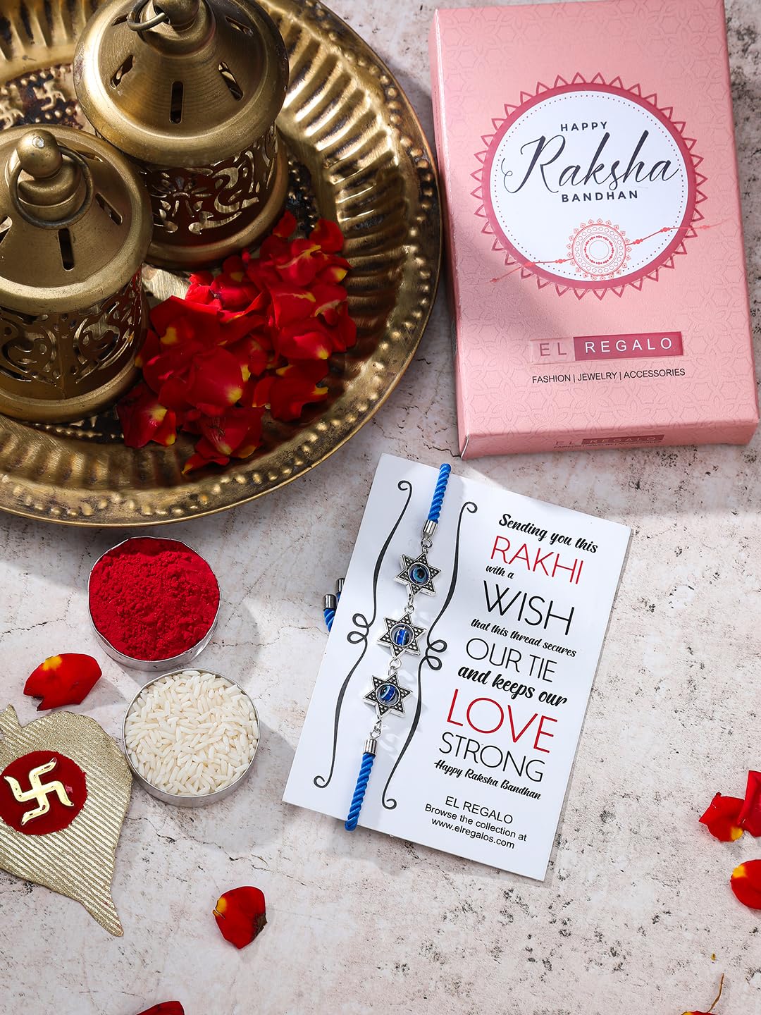 El Regalo 2PCs Designer Stars Evil Eye Rakhi Combo Set for Bhaiya-Bhabhi/Niece or Nephew with Roli Chawal in Rakhi Gift Box