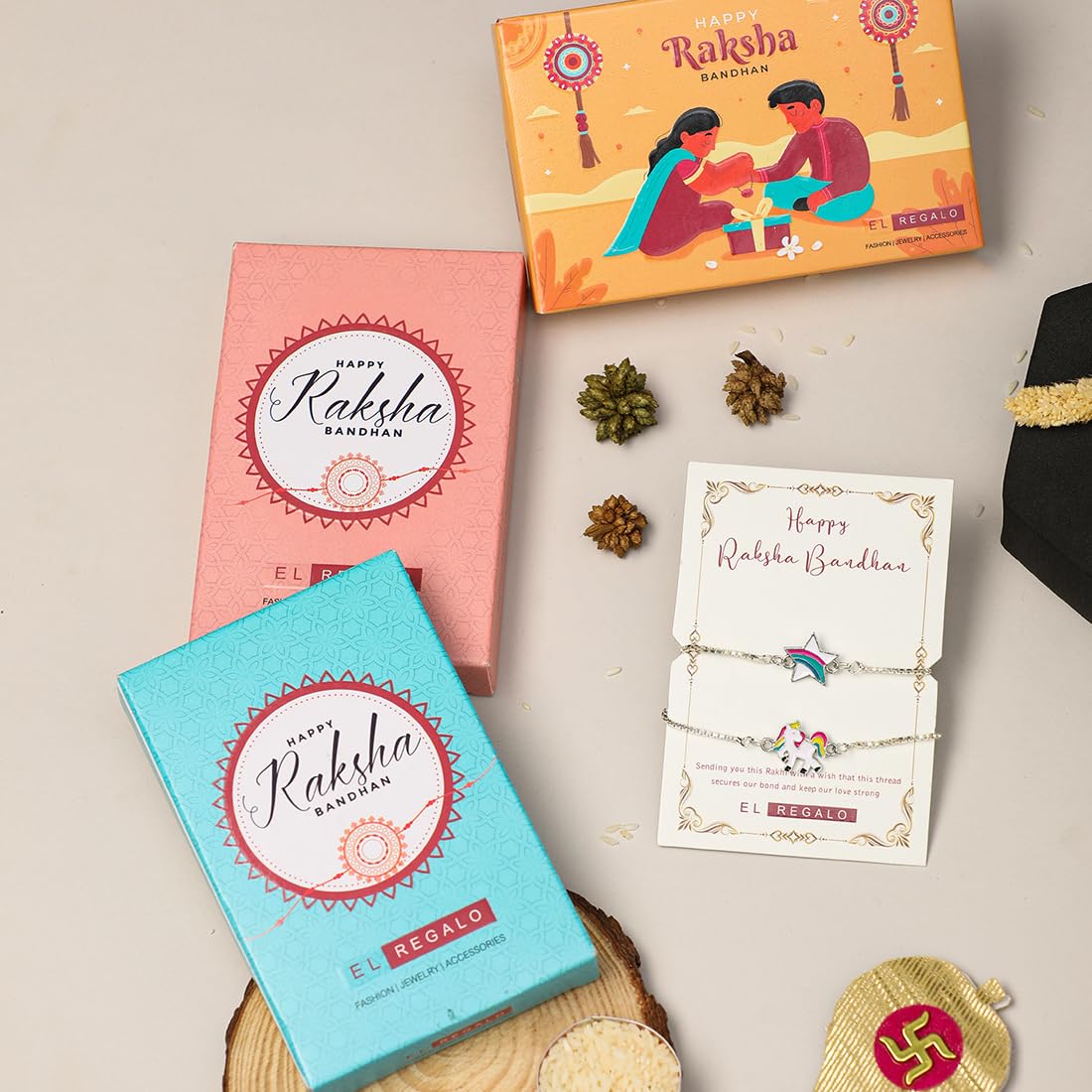 El Regalo 2 PCs Cute Kids Fancy Bracelet Rakhis Set - Beautiful 2 Kids Rakhis Combo with Roli Chawal, Rakhi Message Card in Rakhi Gift Box for Little Brother/Niece/Nephew (Unicorn & Star Rakhi)