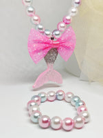 El Regalo Girls Princess Necklace Bracelet with Colorful Mermaid Shiny Beads Bow Kids Stretchy Costume Jewelry Gift Party Favors Dress up Jewelry for Little Girl Toddler (Silky Pink)
