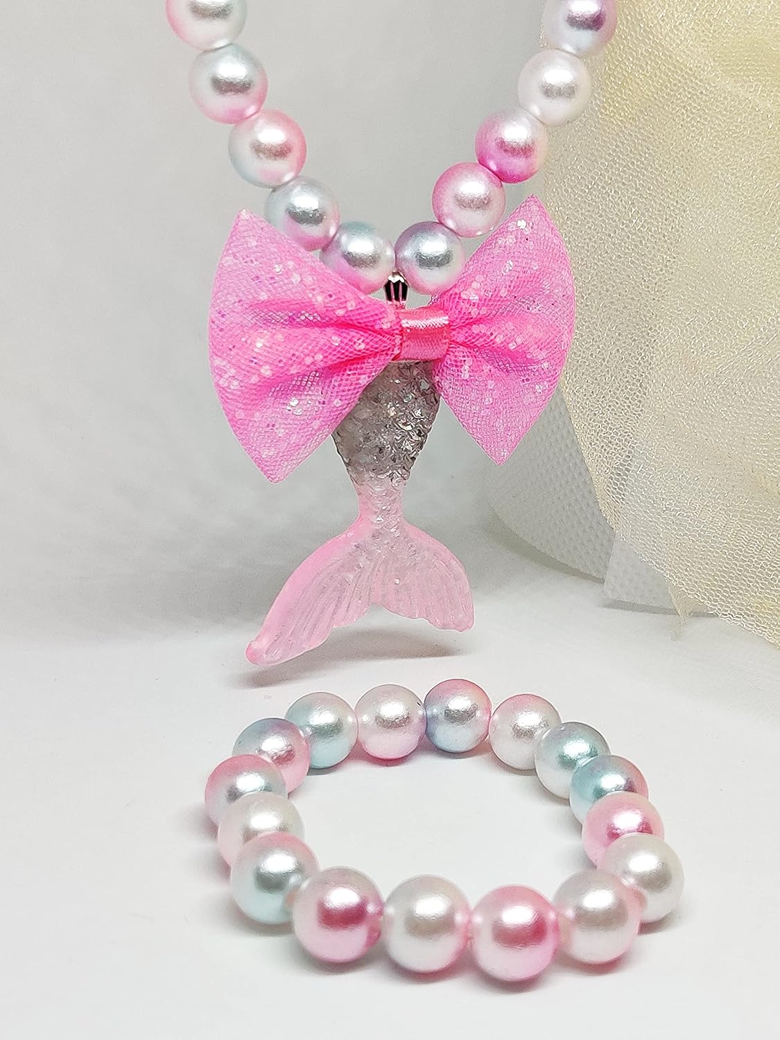 El Regalo Girls Princess Necklace Bracelet with Colorful Mermaid Shiny Beads Bow Kids Stretchy Costume Jewelry Gift Party Favors Dress up Jewelry for Little Girl Toddler (Silky Pink)