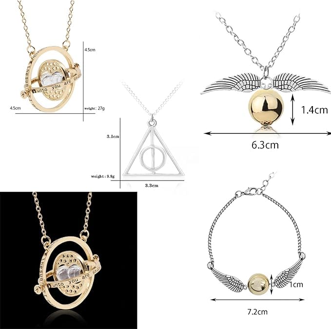 El Regalo Unisex-Adult 4PCs Jewelry Set- Spinning Hourglass Necklace, Golden Ball Wings Pendant Necklace & Bracelet & Always Triangle