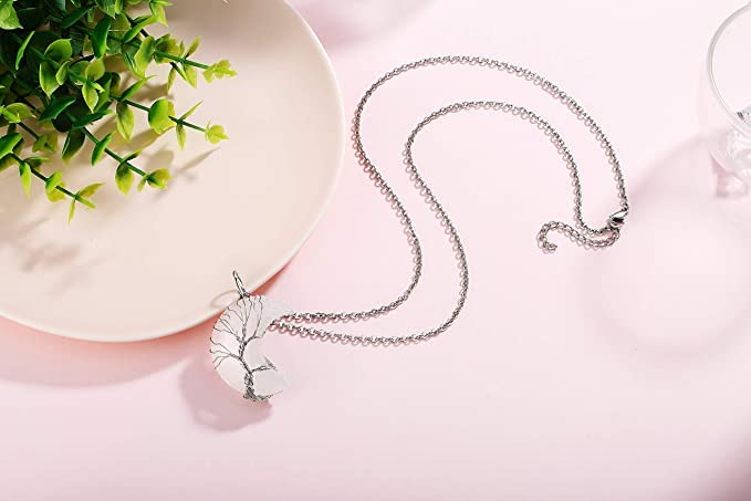 El Regalo Crescent Moon Wire Wrapped Tree of Life Stone Pendant Necklaces Natural Resin Reiki Spiritual Quartz Gemstone Hippie Boho Jewelry for Girls Women (White Moon Stone)
