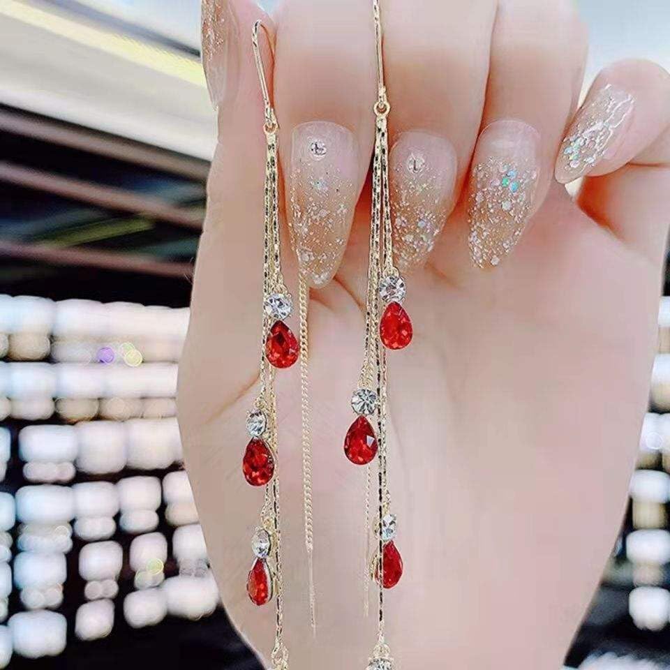 El Regalo Modern Threader Earrings for Women | Long Chain Dangler Earrings with Crystal & Stone Drops | Western Tassel Earrings for Girls | Party Sui Dhaga Thread Earrings (Red Threader)