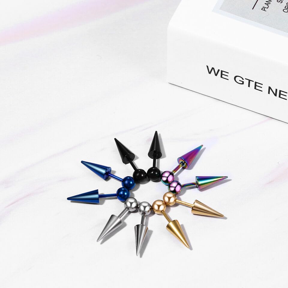 El Regalo 5 Pairs Surgical Stainless Steel Round Ball Cone Spike Cartilage Earring- Waterproof Tragus Ear Piercing Helix Unisex Earrings for Men & women