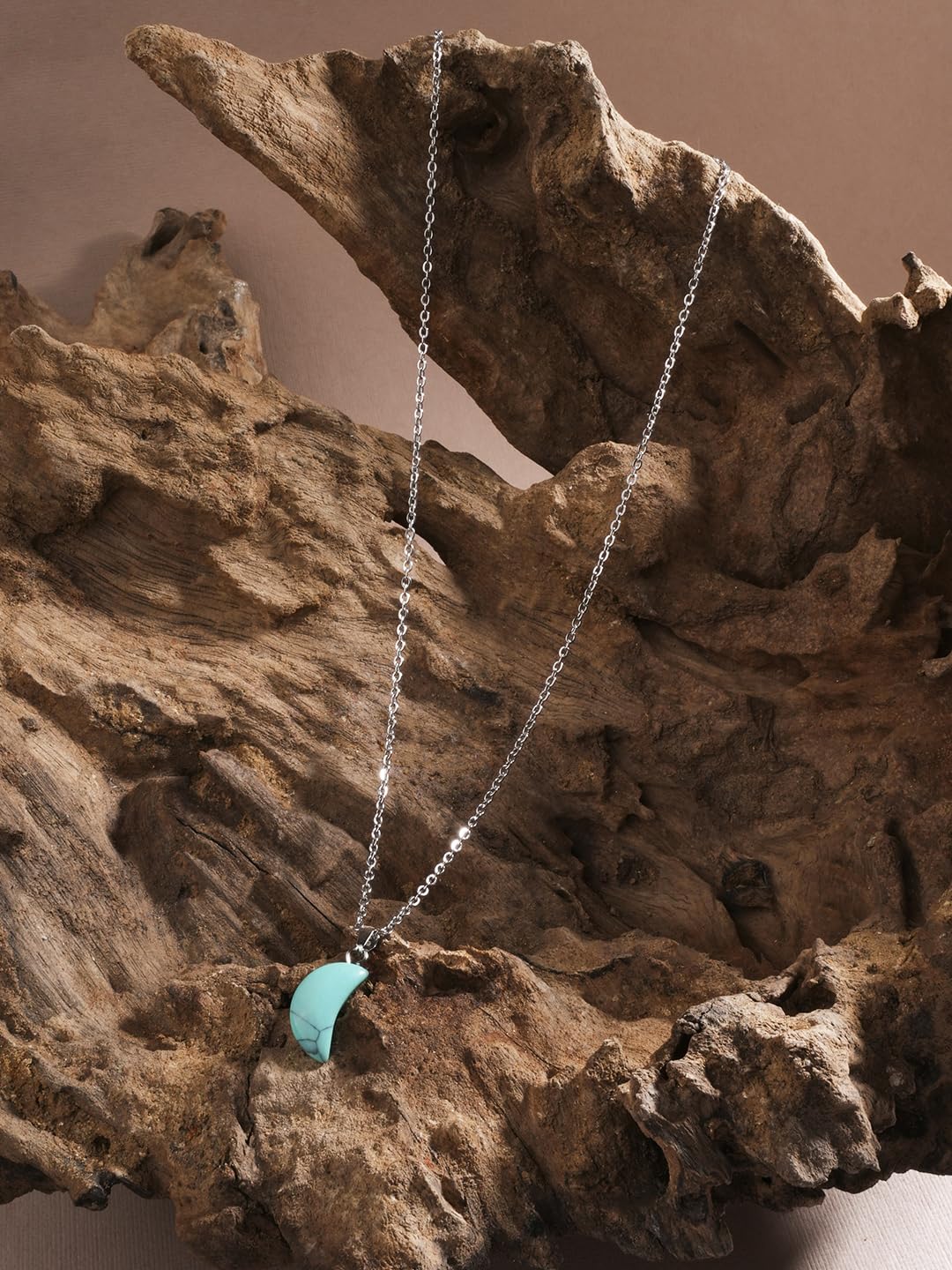 El Regalo Beautiful Agate Crescent Moon Pendant Necklace with Stainless Steel Chain for Girls & Women (Turquoise Green Moon)