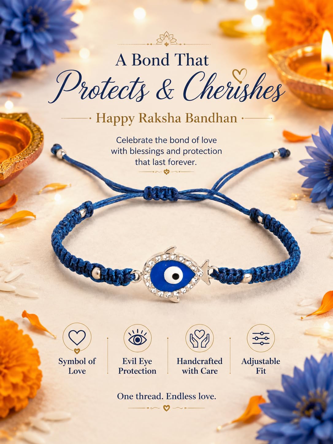 El Regalo 1PC Evil Eye CZ Bracelet Rakhi for Brother with Roli Chawal & Rakhi Message Card - Lucky Protection Rakhi to Avoid Negative Energies for Brother/Sister-in-Law/Niece or Nephew