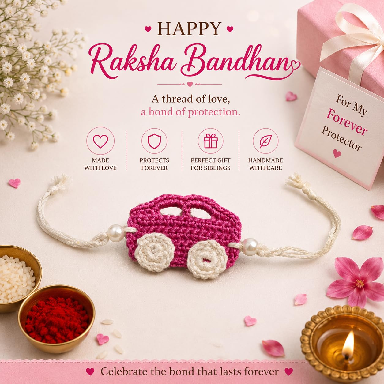El Regalo Kids Rakhi- Crochet handmade Rakhis for Little Brother/Niece/Nephew Soft, Knitted Crochet Rakhis with Cartoon Characters- for Kids/Babies/Toddlers (Pink Car Kids Rakhi)