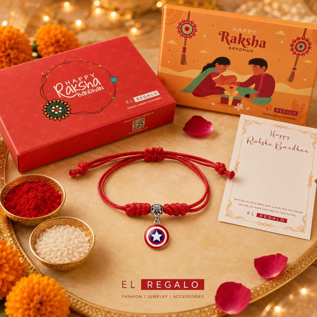El Regalo 1PC Superhero Kids Rakhi- Fun Kids Bracelet Rakhi with Roli Chawal, Rakhi Message Card in Rakhi Gift Box for Little Bro/Sister/Niece or Nephew (Captain America Red Rakhi)