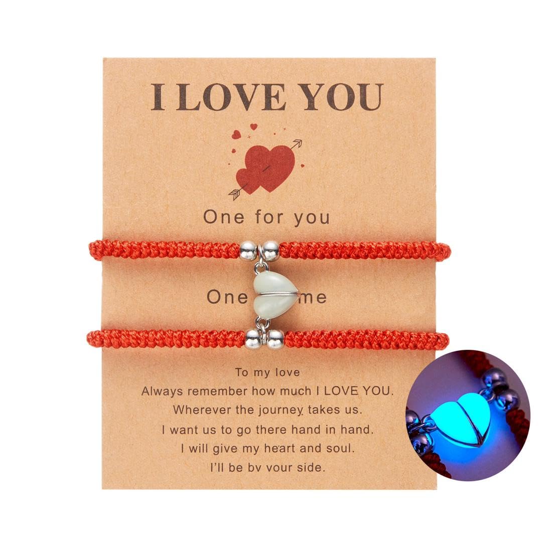 El Regalo 2PCs Luminous Hearts Love Couple Best Friend Hand Woven Adjustable Bracelets Set- BFF Glow in Dark Jewelry (No Tapping) (Red)