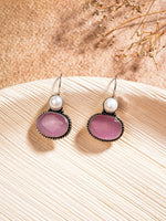 El Regalo 1Pair Cute Oxidized 925 Silver Plated Pearl & Stones Hook Earrings for Girls/Women- Silver Lookalike Handmade Oxidized Brass Hook Traditional Earrings with Stones & Pearls (Pink)