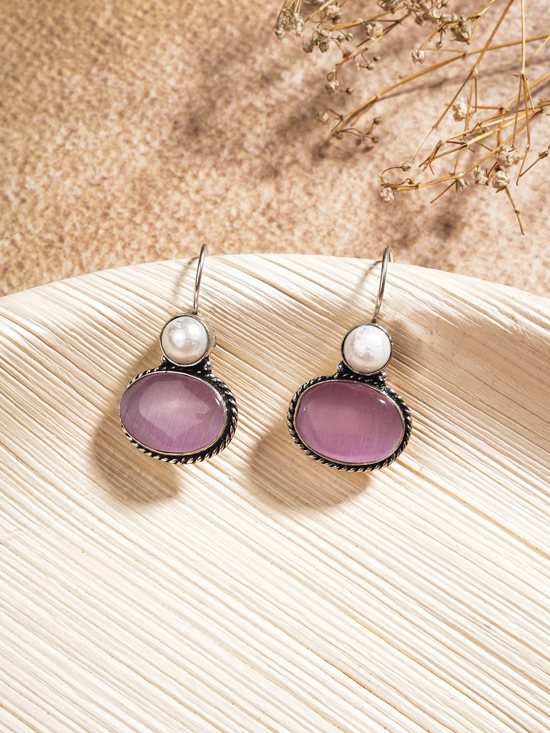 El Regalo 1Pair Cute Oxidized 925 Silver Plated Pearl & Stones Hook Earrings for Girls/Women- Silver Lookalike Handmade Oxidized Brass Hook Traditional Earrings with Stones & Pearls (Pink)