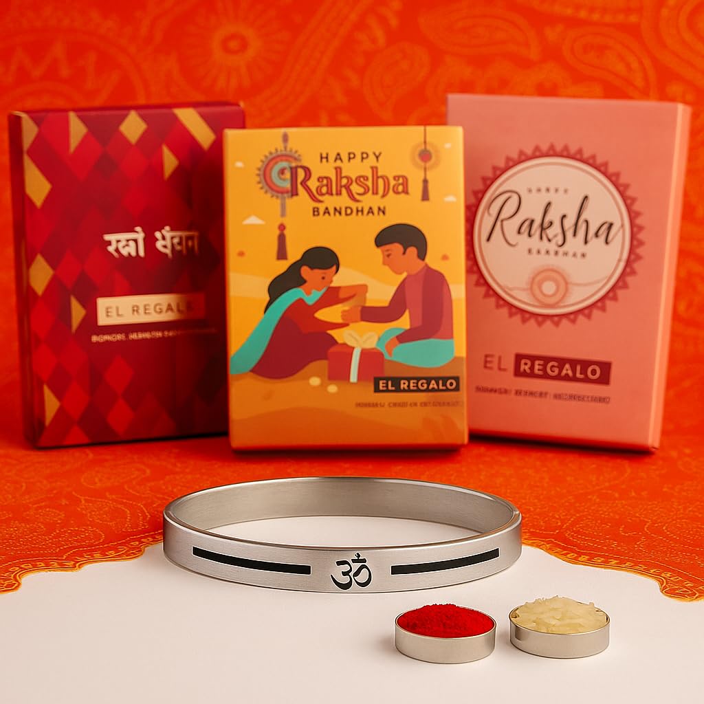 El Regalo 1 PC Stainless Steel Anti Tarnish OM/Aum Bracelet Rakhi for Brother - Designer OM Rakhi with Roli Chawal, Rakhi Message Card in Rakhi Gift Box (Silver OM Rakhi)