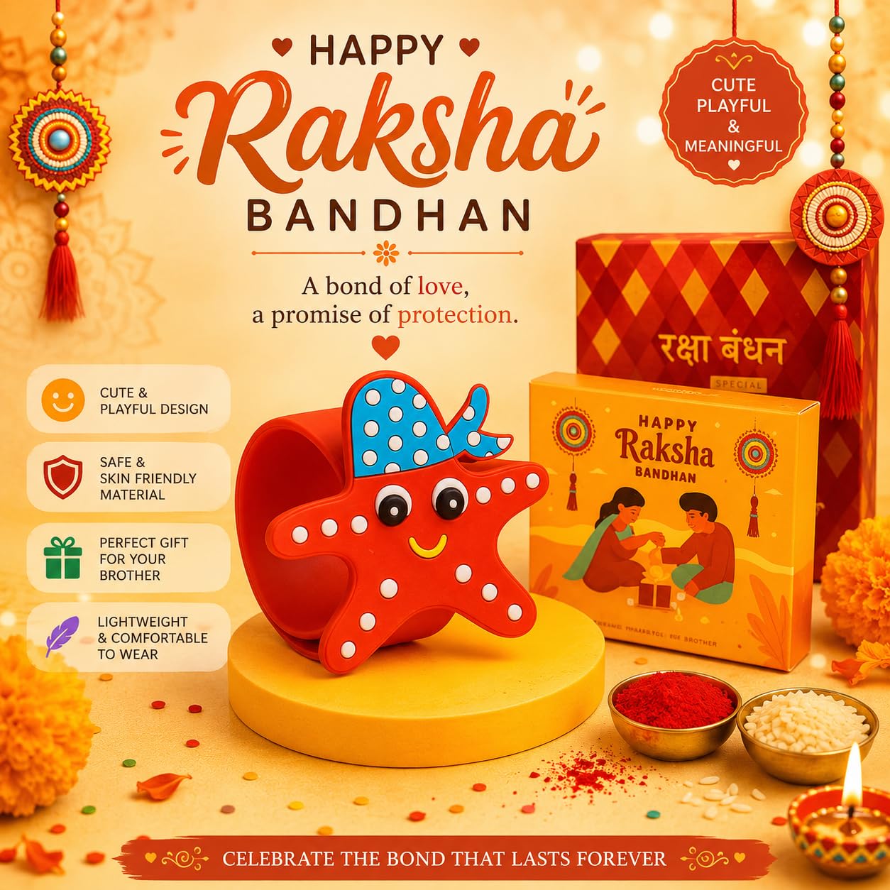 El Regalo Cute Slap Band Bracelet Rakhi for Kids Boys & Little Brother | Fun Quirky Silicone Slap Wristband Rakhi for Toddlers & Children with Roli Chawal Pack and Gift Box (Star Fish)