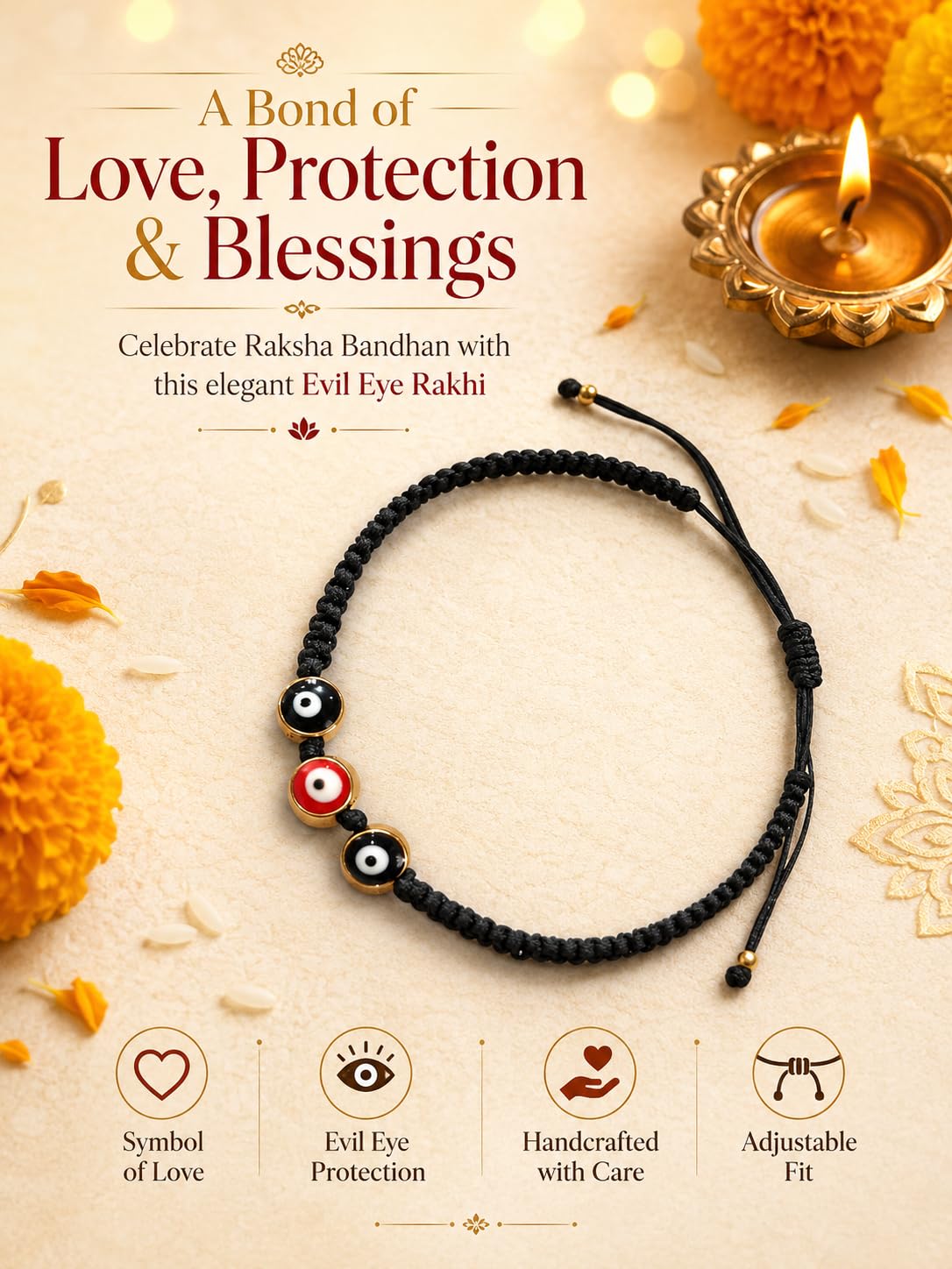 El Regalo Evil Eye Rakhi for Brother Wrapped on Raksha Bandhan Card with Roli Chawal in Gift Box