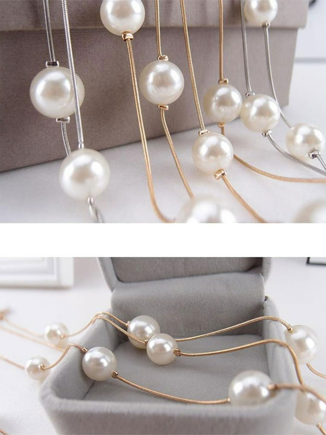 El Regalo Layered Faux Pearl Long Necklace for Women & Girls - Bohemian Chic Statement Jewelry | Simulated Pearls & Brass Snake Chain | Double Strand Sweater Necklace for Elegant Occasions (Gold)