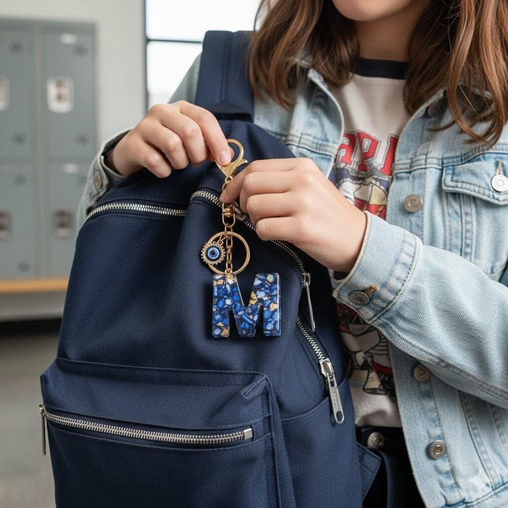 El Regalo Royal Blue Evil Eye Keychain Name Initial Letters- Alphabet Letter Keyring with Evil Eye Charm - Unisex Stylish Bag Charm, Keyring, Gift for Friends & Family (M Letter)