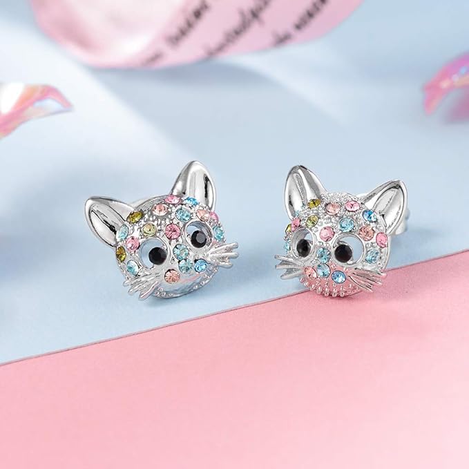 El Regalo Cute Multi-Color Crystal Cat Stud Earrings for Kids/Girls/Women- Silver-Plated Kitten Face Jewellery with Sparkly Rhinestones - Gift for Cat Lovers