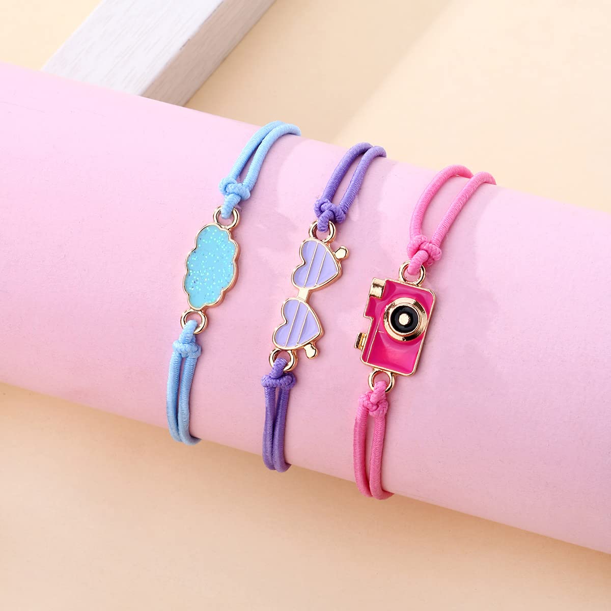 El Regalo 3pcs/set Multicolor Unicorn Heart Smilies Rainbow Stars Camera Cloud Handmade Woven Rope Thread Braided Bracelet with Spray Lacquer Accessories For Kids/Girls/Teens (Option-4)