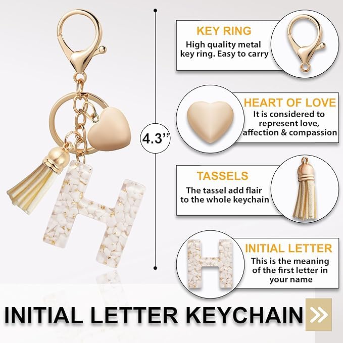 El Regalo Name Initials Letter Heart Charm Keychain - Personalized Resin Initial Keyring with Tassel, Cute & Durable Backpack Charm for Women & Girls (H Letter)