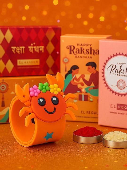 El Regalo Cute Slap Band Bracelet Rakhi for Kids Boys & Little Brother | Fun Quirky Silicone Slap Wristband Rakhi for Toddlers & Children with Roli Chawal Pack and Gift Box (Giraffe)