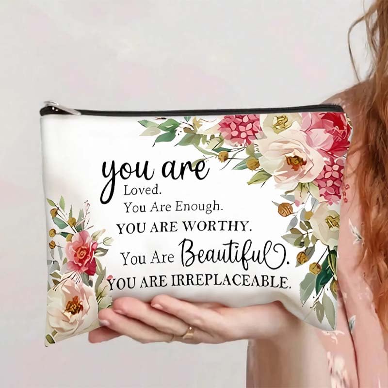 El Regalo 1 PC Canvas Cosmetic Bags Makeup Bags Travel Toiletry Pouch/ 10 x 7.5 inch Inspirational Gifts for Women Motivational Quotes Makeup Bag for Women Girls (You are Loved)