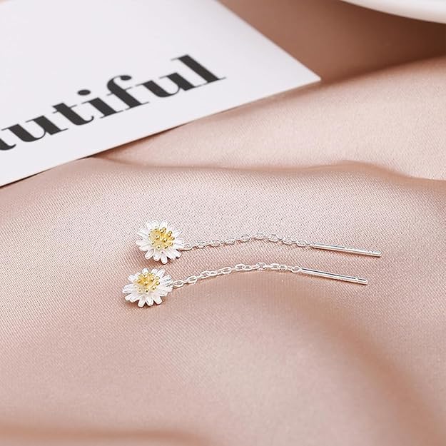 El Regalo Minimalist Flower Threader Earrings for Women & Girls | Cute Tiny Floral Chain Drop Earrings | Modern Style Dainty Long Tassel Earrings (Daisy Silver)