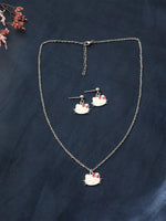 El Regalo Kids Kitty Pendant Necklace & Earrings Set for Girls/Kids - Cute Kitty Crystal & Enamel Pendant with Earrings
