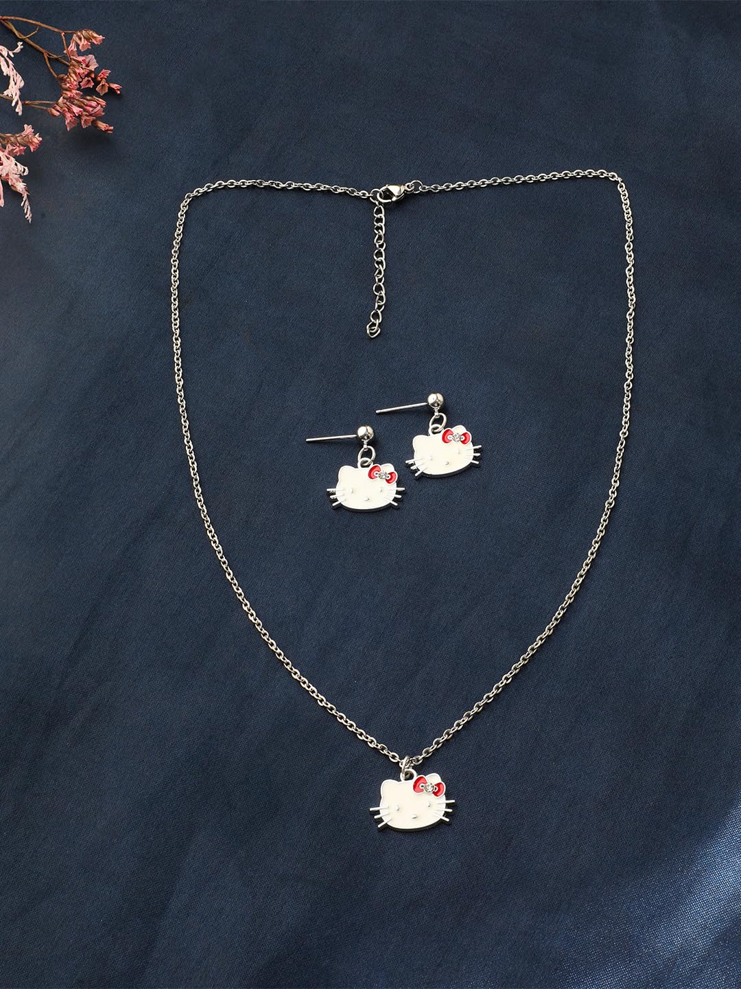 El Regalo Kids Kitty Pendant Necklace & Earrings Set for Girls/Kids - Cute Kitty Crystal & Enamel Pendant with Earrings