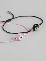 El Regalo 2 PCs Lucky Evil Eye Handwoven Adjustable Anklet cum Bracelets Set - Protection Evil Eye Bracelet/Anklet Set (Pink & Black) For Unisex Adult
