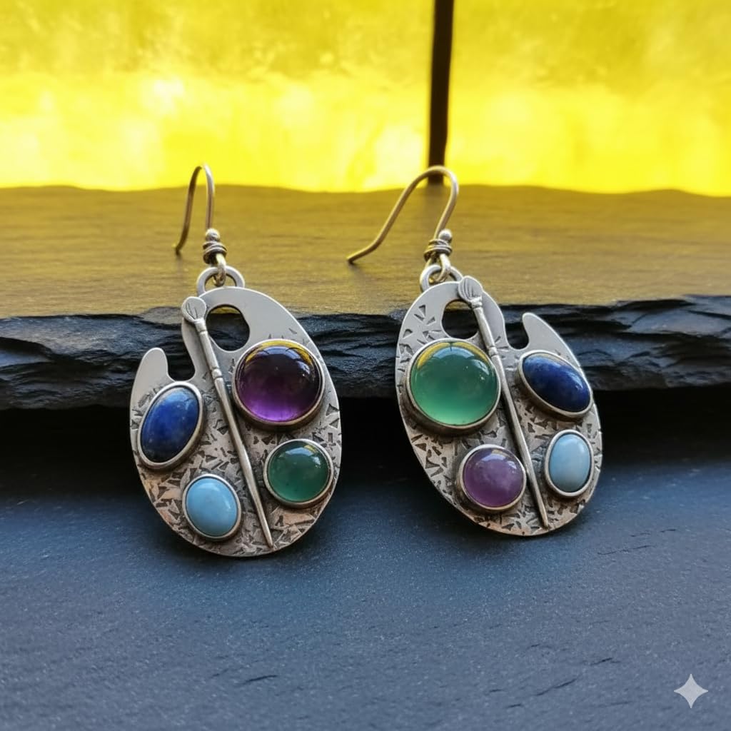 El Regalo Vintage Artist Palette Dangle Earrings for Women & Girls - Boho Silver Look Colorful Earrings for Artists