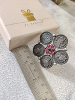 El Regalo Big Coin Flower Oxidized Finger Ring- Designer Victorian Cocktail Coins Adjustable Finger Ring for Girls & Women (Red)
